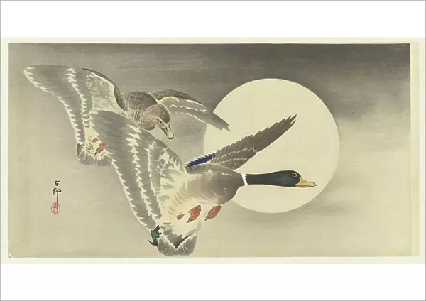 Two ducks with full moon, 1900-30 (colour woodcut)