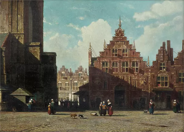 A sunlit view of the Grote Markt with the St. Bavo church and the Vleeshal, Haarlem (oil on panel)