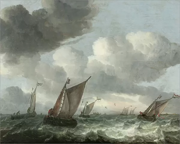 Fishing boats off the coast in a choppy sea (oil on panel)