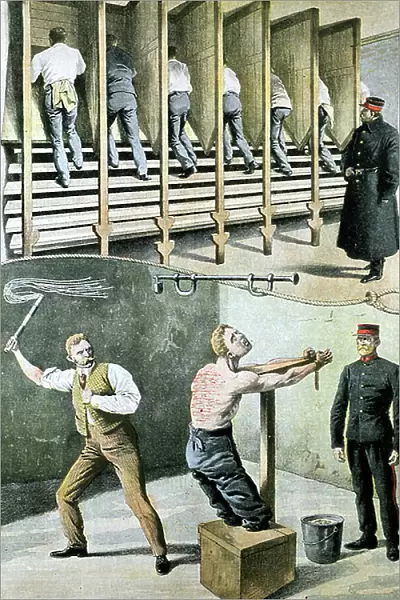 English prison life: treadmill for hard labour, and punishment with the cat-o-nine-tails, 1907 (print)
