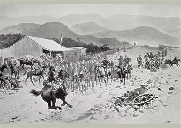 The first halt of British prisoners on their way to a prison camp in Pretoria, South Africa, during the second Boer War, from South Africa and the Transvaal War by Louis Creswicke, published 1900 (litho)