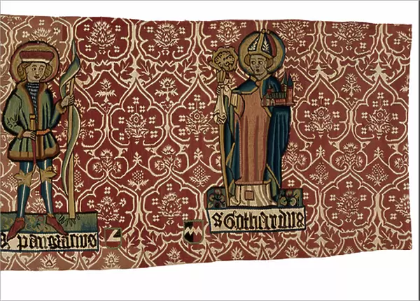 Tapestry fragment from an altar frontal or antependium with St Pancras and St Gotthard, possibly from Nuremberg, c. 1460-70 (linen & wool)