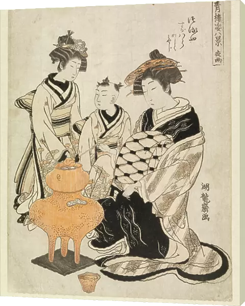 Courtesan and attendants heating sake, c. 1766-80 (colour woodcut)