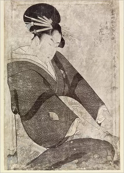 Seated Japanese woman (colour woodcut)