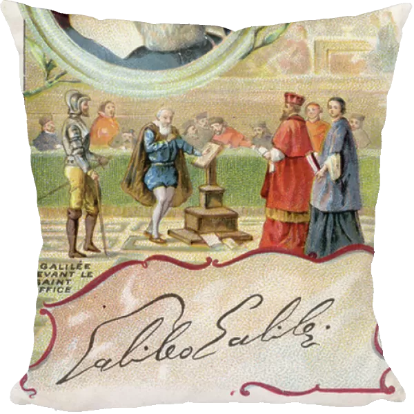 Galileo, a promotional card for Poulain chocolate with illustrations of Galileo's trial by the Inquisition and his signature, c. 1910 (colour lithograph)