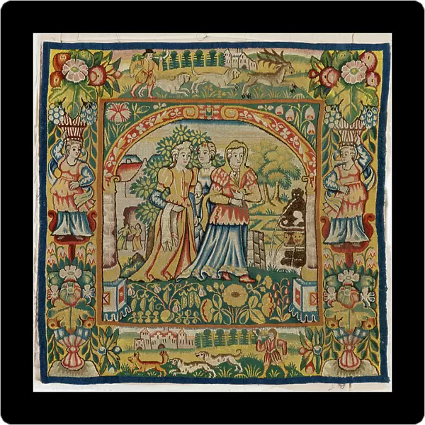 Tapestry cushion cover depicting Susannah at the Bath (one of set of six Sheldon Tapestries, 47. 9 to 47. 14), made in Sheldon, England, if genuine, 16th century (wool)
