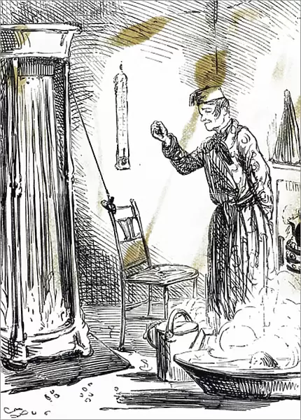 Cartoon depicting a portable shower bath which were in common use in the second half of the nineteenth century
