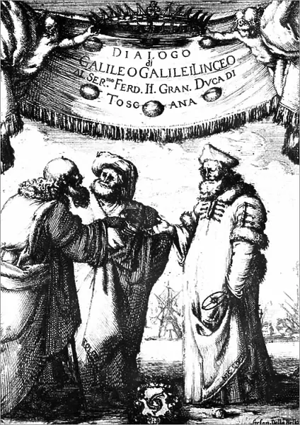 Frontispiece to Dialogo sopra i due massimi sistemi del mondo by Galileo, published in 1632 (engraving)