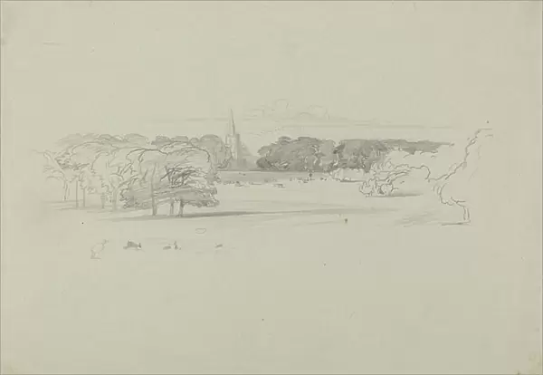 View across a Meadow to a Church, 1834 (graphite on green heavy wove paper)