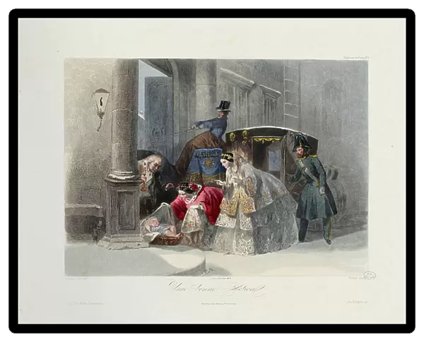 A Good Deed, from Les Modes Parisiennes, c.1860 (coloured engraving)