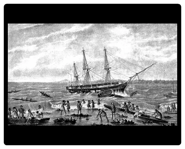 Sinking of L'Astrolabe; Tonga archipelago, 1826-1829 (engraving)