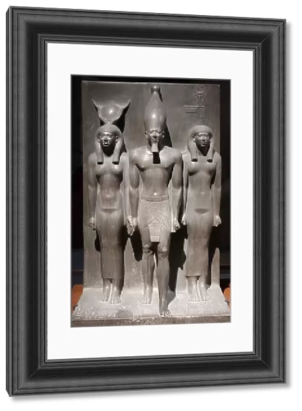 Mykerinos triad framed by 2 goddesses, 2400 BC (sculpture)