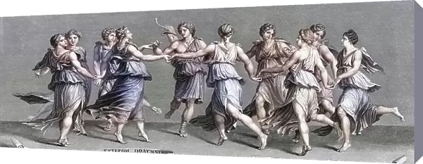 Apollo dancing with his nine Olympian Muses. (print)