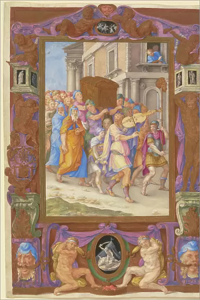 King David Dancing before the Ark of the Covenant, in a Decorative Frame, c.1540 (w / c and bodycolour on parchment)