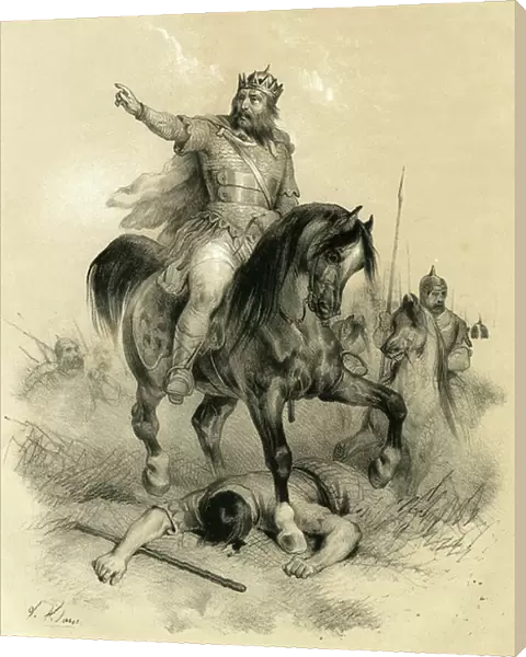 Attila (v. 395-453) the sole leader of the Huns in 445, ravaged the empires of the East and the West - Barbarian Invasions - Engraving by Victor Adam (1801-1866)