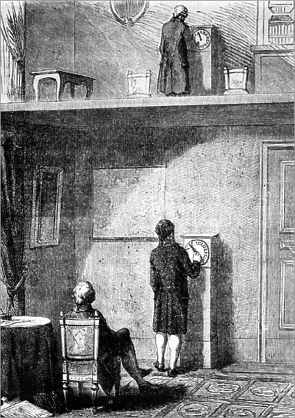 Jean Alexandre demonstrating his electric telegraph, 1870 (engraving)