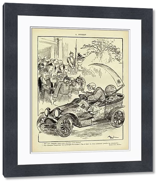 Red Laughter, Satirical in N & B, 1916_2_19: A Postsdam - War of 14 -18, Germany Prussia, Automobile, Belligerants and Symbols, Potsdam - Reaper / Camarde - Illustration by Albert Robida (1848-1926)