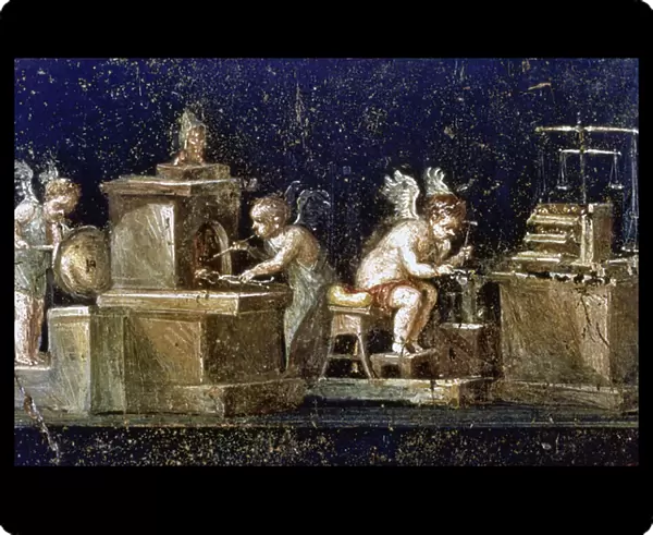 Excavations at Pompei: Wall painting from the House of the Vetti showing cupids as goldsmiths, uncovered during the excavations. Pompei was destroyed by the eruption of Vesuvius in 79 AD