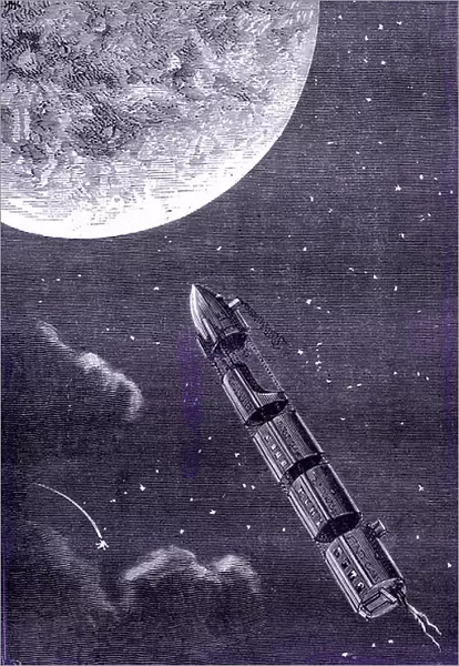 Train of bullets fired by a giant gun cannon to the Moon, 1865 (engraving)