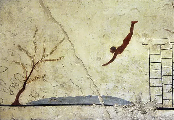 Greek Art: A young swimmer diving. Fresco of the grave of the 'diver', Paestum