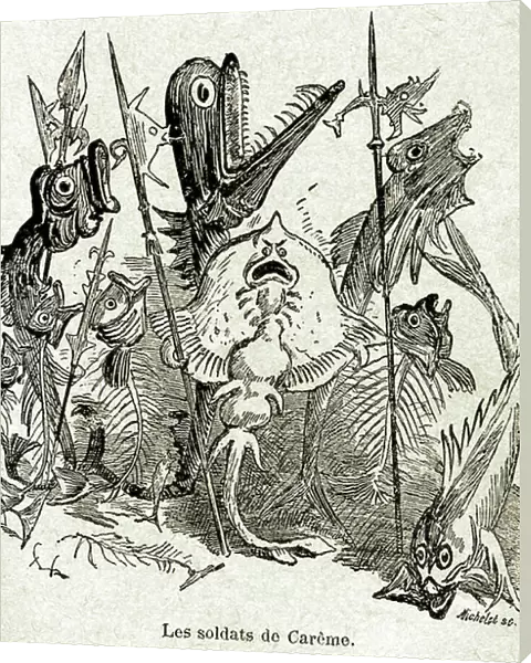 The army of Quaresmeprenant. Soldiers are represented as fish, some of which have only the aretes, by reference to Careme's lean (young) meal. Illustration by Albert Robida (1848-1926)