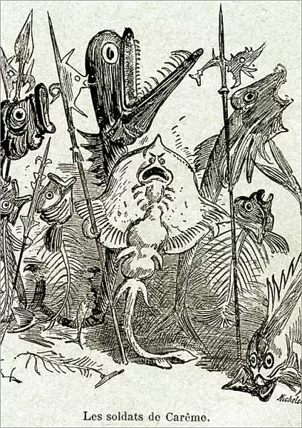 The army of Quaresmeprenant. Soldiers are represented as fish, some of which have only the aretes, by reference to Careme's lean (young) meal. Illustration by Albert Robida (1848-1926)