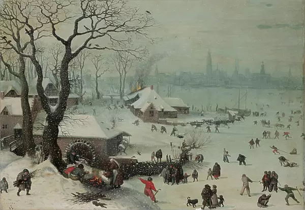 Winter Landscape with Snowfall near Antwerp, 1575 (mixed media on oak)