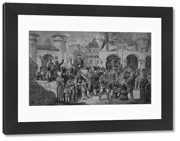 German Peasants War (1524-1526): Hubmaier is solemnly received in Landshut, 19th century (engraving)
