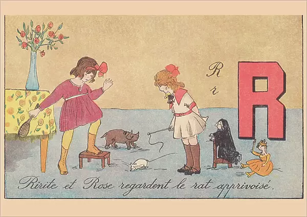 Ririte and Rose watch the tamed rat. ca. 1920 (print)