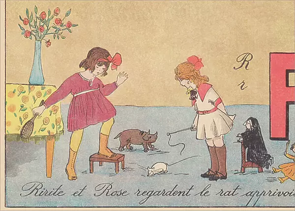 Ririte and Rose watch the tamed rat. ca. 1920 (print)