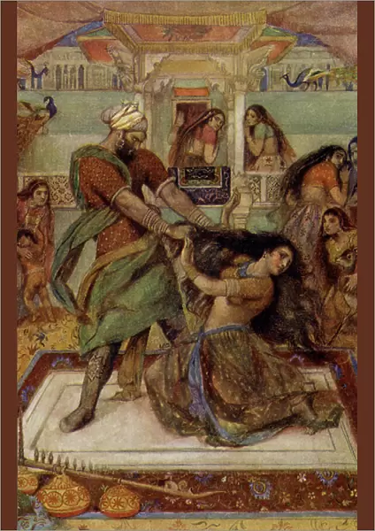Draupadi dragged from her chamber by Duhsasana
