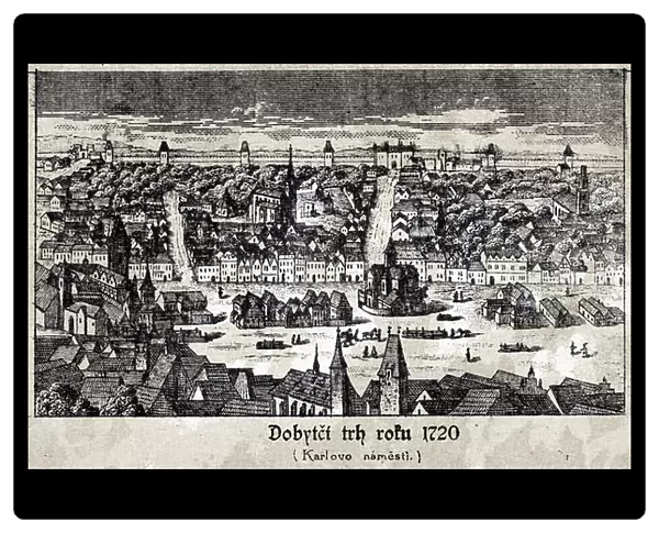 Prague - drawing of a view of the Czech capital city overlooking Karlovo Namesti (Charles Square), 1720