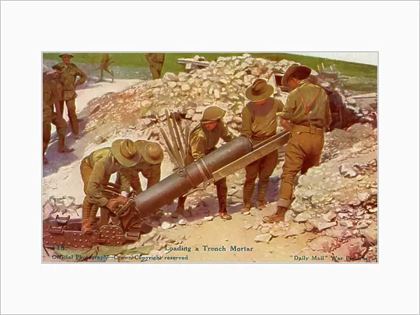 World War 1: British soldiers loading a trench mortar