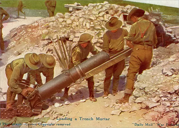 World War 1: British soldiers loading a trench mortar