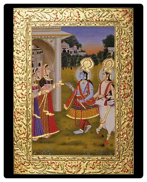Radha Krishna Miniature Painting on Paper with Gold Embossing