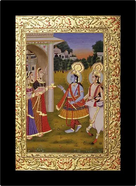 Radha Krishna Miniature Painting on Paper with Gold Embossing