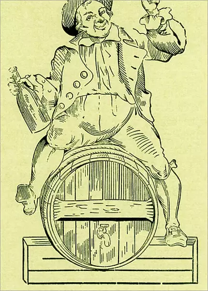 Man sitting on top of a barrel - wood engraving