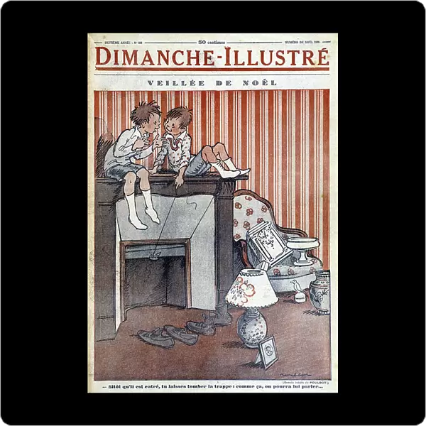 Children sitting on the chimney, trapping a trap at Father Christmas, for the Christmas 1930 newspaper 'Le Dimanche illustrious' (engraving)