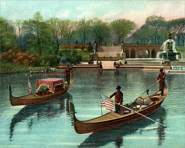 New York City, USA: gondolas with American flags on the lake in Central Park