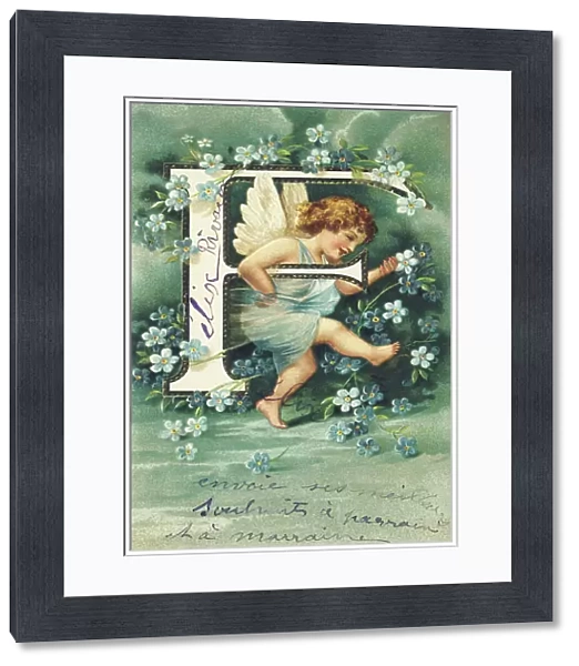 F : Angelot with a blue veil - the upper-case surrounded by forget-me-not flowers - Alphabet of cherubs, 1905 (postcard)