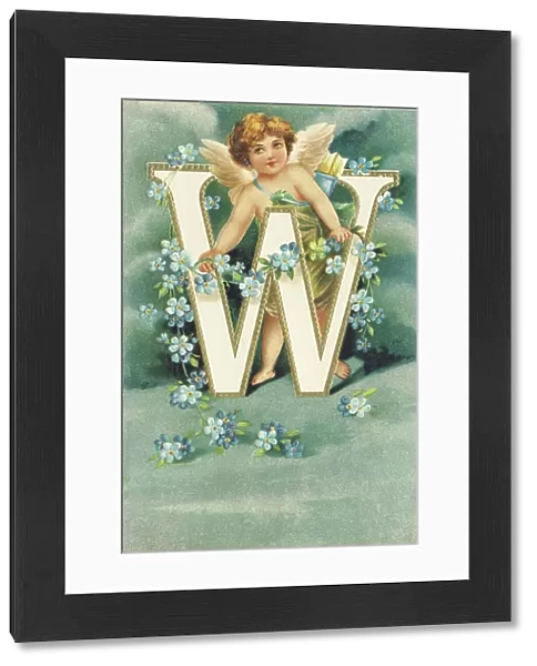 W: Angelot with a green and golden veil carrying a quiver - the upper-case surrounded by forget-me-not flowers - Alphabet of cherubs, 1905 (postcard)