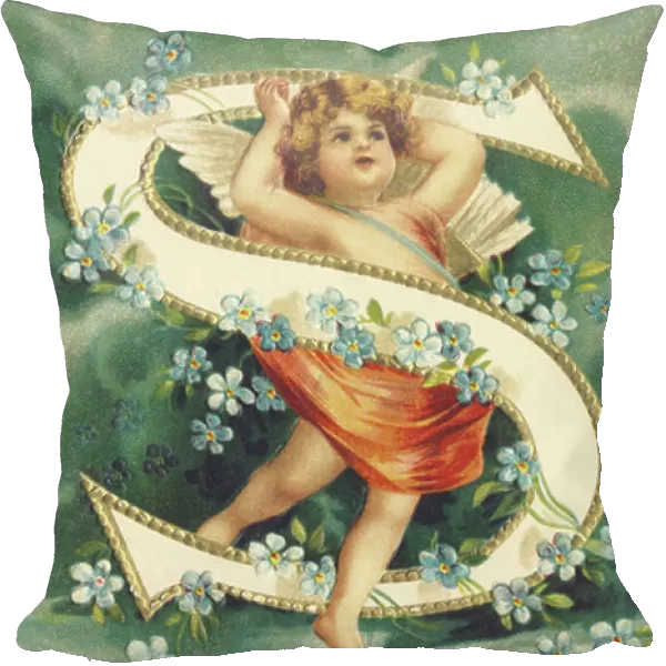 S : Angelot with a red veil and a quiver - the upper-case surrounded by forget-me-not flowers - Alphabet of cherubs, 1905 (postcard)
