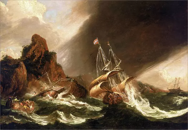 The East Indian trading fleet is in full storm, one boat is shipwrecked on the rocky coast with another in trouble, figures are visible in the water and other sailors are jumping overboard to escape the shipwreck