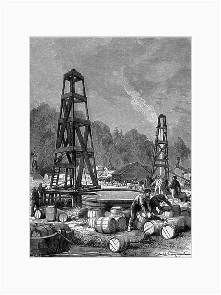 Oil well at Oil Creeck Valley, Pennsylvania ( first commercial oil well) 19th century (engraving)