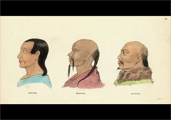 Manchu (Niuchi) man, Mongol with moustache and pigtail, and Eleuth Mongol man. Handcoloured steel engraving by Lizars after an illustration by Charles Hamilton Smith from his Natural History of the Human Species