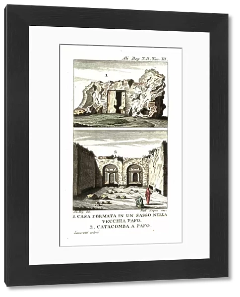 House constructed in a rock at Old Paphos 1, and catacomb at Paphos, Cyprus 2. Illustration by Ali Bey el Abbassi (Domingo Badia y Leblich, 1767-1818) from his Travels in Morocco, Tripoli, Cyprus, Egypt, Arabia, Syria and Turkey, London 1816