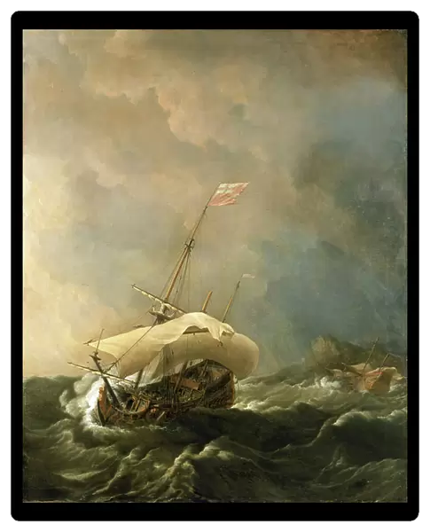 British ship in a stormy wind, trying to escape from the rocky shore. Oil on canvas, 1672, by Willem van de Velde (1633-1707)