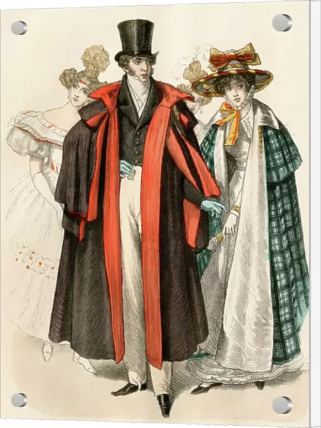 European fashion around 1820. A man and a woman in redingotes and hats. 19th century lithography
