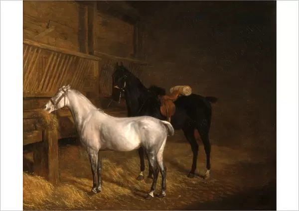 A Grey Pony and a Black Charger in a Stable Signed, lower right: J. L. Agasse'