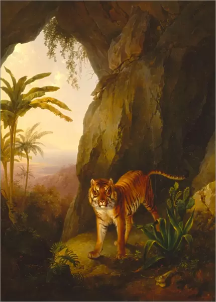 Tiger in a Cave Tropical Landscape with a Tiger Standing in a Cave, Jacques-Laurent
